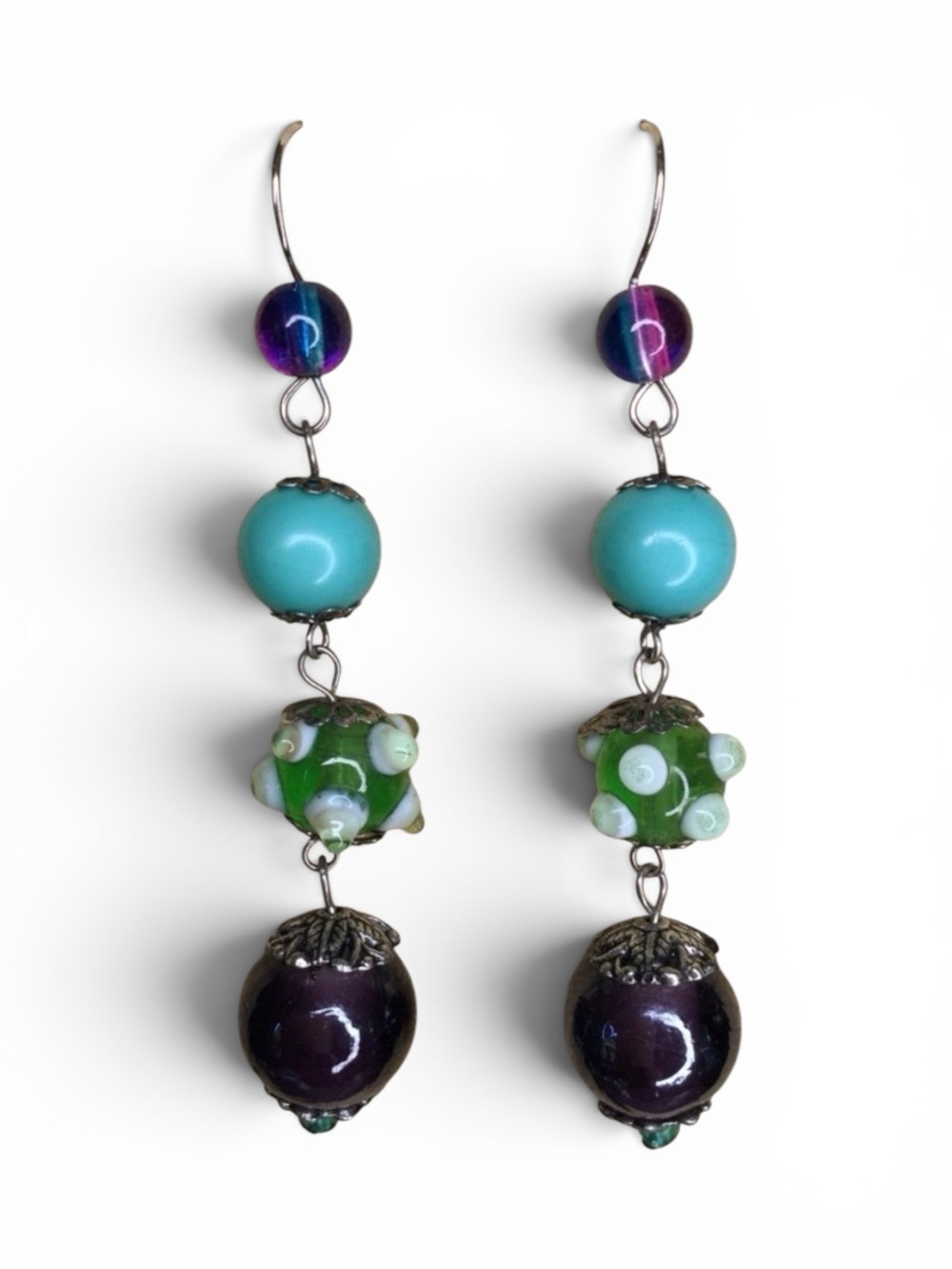 Vintage Artisan Lampwork Glass Dangle Earrings – Multicolor Boho Statement Pair - Picture 3 of 11